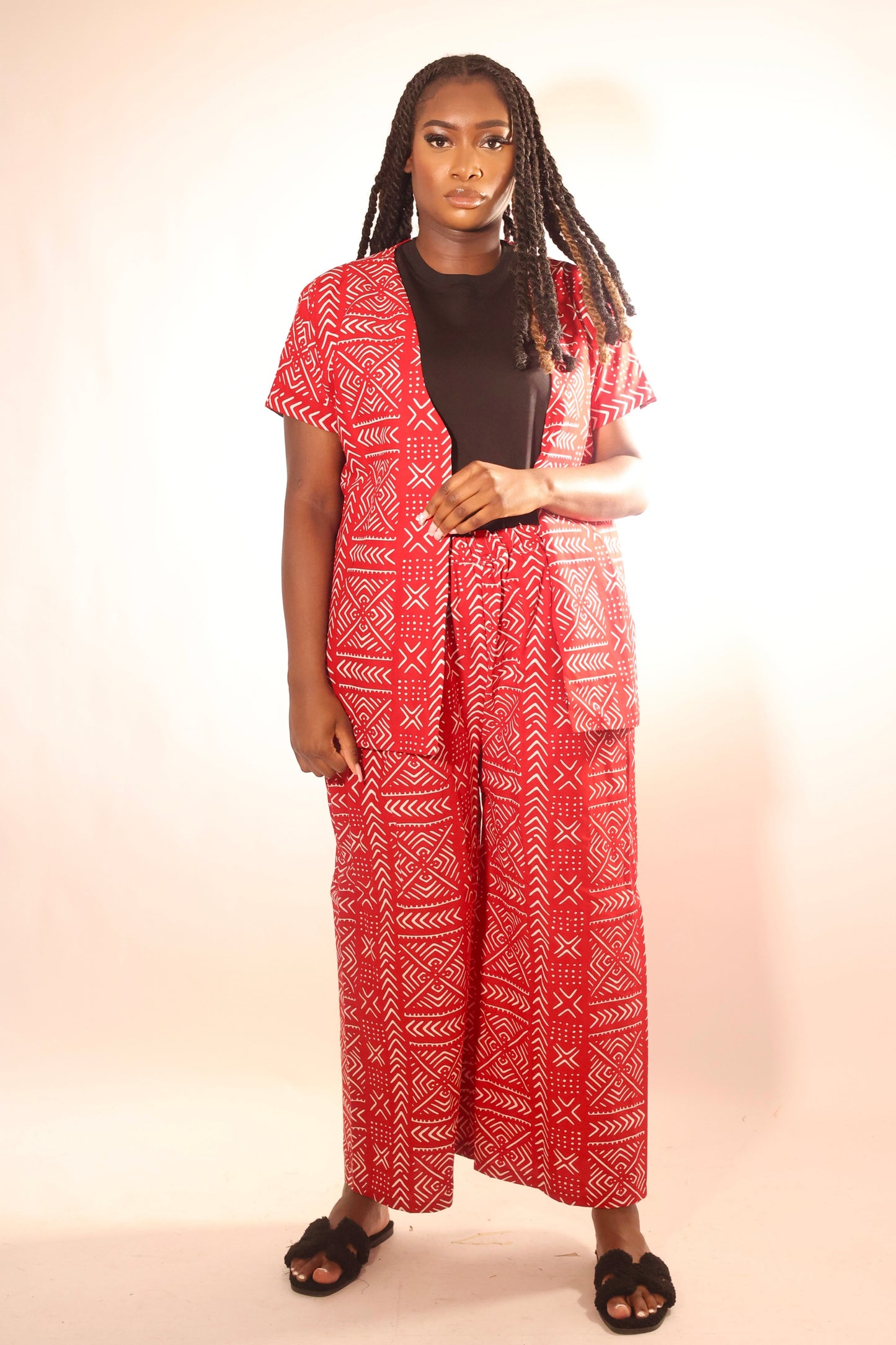 Pantalon ample en wax , imprimés bogolan rouge