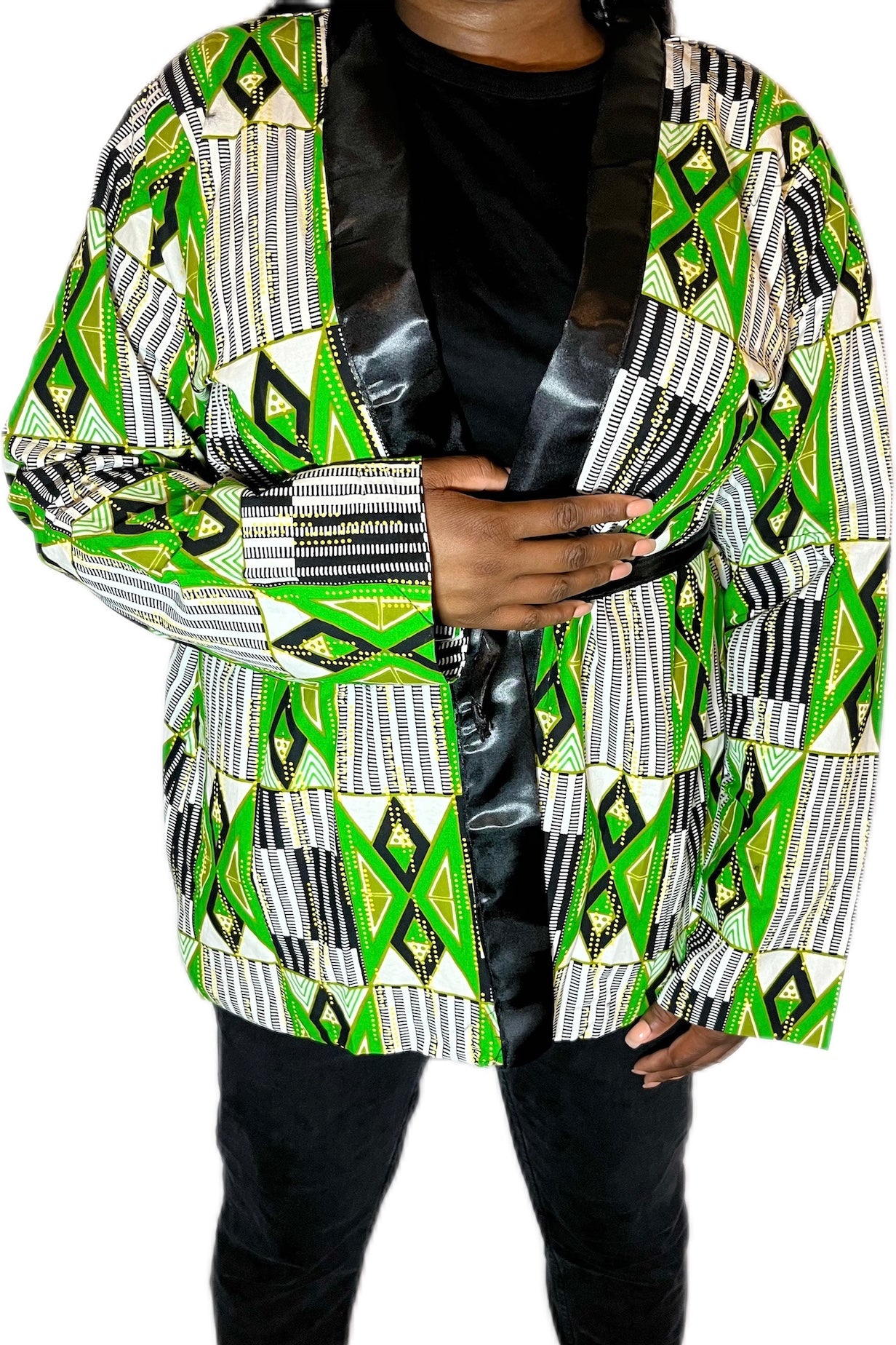 Kimono en wax vert blanc et noir